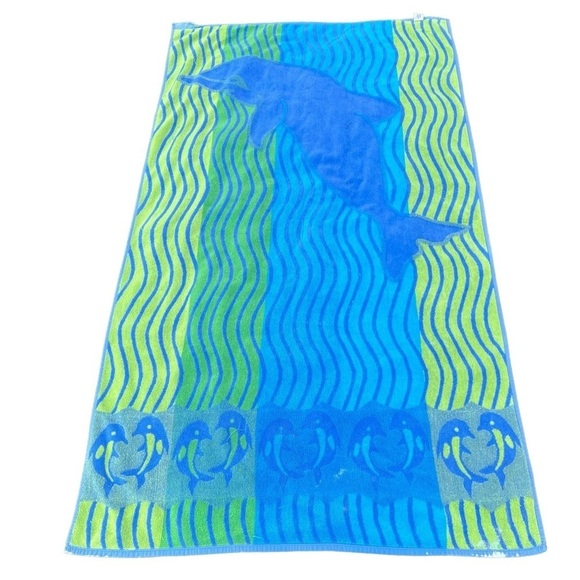 Vintage Mervyn’s Dancing Dolphin Waves Cotton Beach Towel Blue Green 36x64 FLAWS - Picture 2 of 16